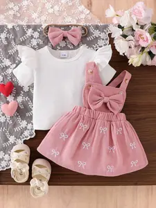Baby Girl Sweet Fashion 3-Piece Set, Striped Sleeveless T-Shirt Top, Corduroy Bow Print Dress with Matching Headband Hair Tie
