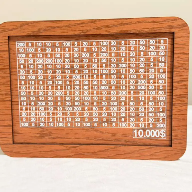 10000 Savings Challenge Box, Wooden Money Saving Piggy Bank for Adults Kids, Reusable, Targets 10k
