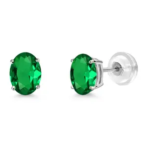 Gem Stone King 14K White Gold Green Nano Emerald Stud Basket Setting Earrings For Women Men (1.20 Cttw, Gemstone May Birthstone, Oval 7X5MM)