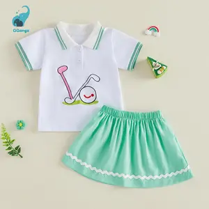 2Pcs Toddler Baby Girl Outfit Summer Short Sleeve Lapel Collar Golf Themed Embroidery Tops and Elastic Waist Skirt Set