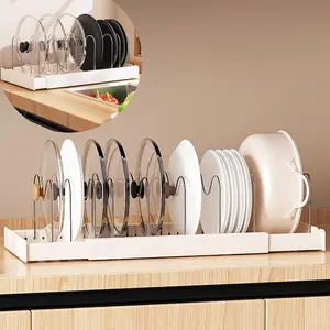 1 PCS Pots and Pans Organizer Under Cabinet Expandable Pot Lid Holder with 7 Adjustable Dividers Pot Rack for Kitchen Storage Cutting Boards, Bakeware, Lid, White