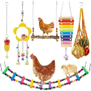 Longer Chain Chicken Toys for Coop Accessories 7 count, Chicken Swing Ladder Perch roosts, Chicken Xylophone Mirror with Bells Vegetable Fruits Hanging Chicken Feeder for hens Bird Parrot