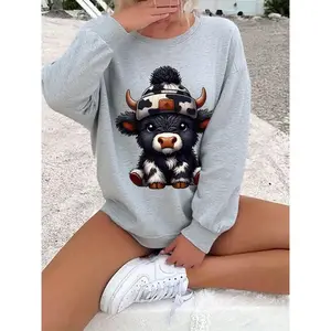Women's Light Gray Crew Neck Sweatshirt - Cute Highland Cow Pattern, Soft Everyday Pullover, Comfortable Autumn Winter Sweater (Machine Washable), Casual Wear, Fun Printed Design, Crew Neck Style, Comfortable Fabric, Trendy Pattern T-Shirt