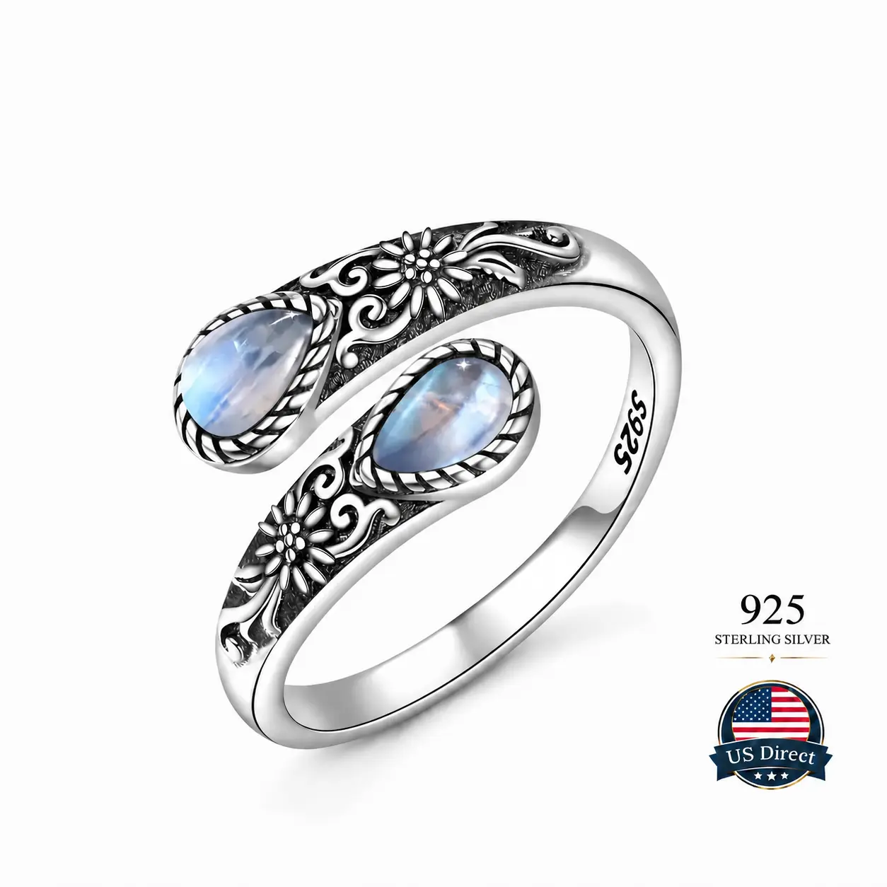 S925 Sterling Silver Moonstone Women's Adjustable Thumb Open Ring, Victoria Vintage Style Hypoallergenic Nickel Free, Retro Floral, Lucky, Faith, Mother's Love Ring, Bohemian Vintage Style, Daily, Party, Holiday, Valentine's Day, Halloween, Easter Gift