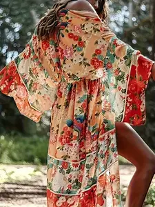 2026 Women's Beach Cover up Bathing Suit Chiffon Printed Long Sleeve Beach Wrap Coverups Bathing Suit