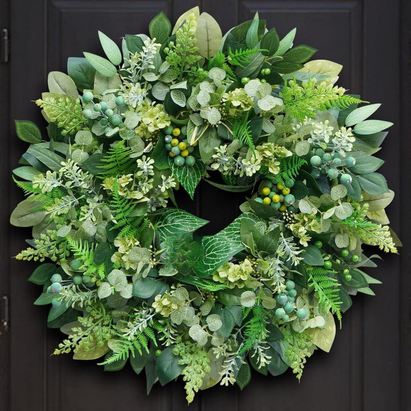 24 Inch Green Wreath for Front Door - Artificial Greenery Wreath with Berries, Indoor Outdoor All Season Year Eucalyptus Wreath for Farmhouse Home Decor, Spring Summer Fall Winter