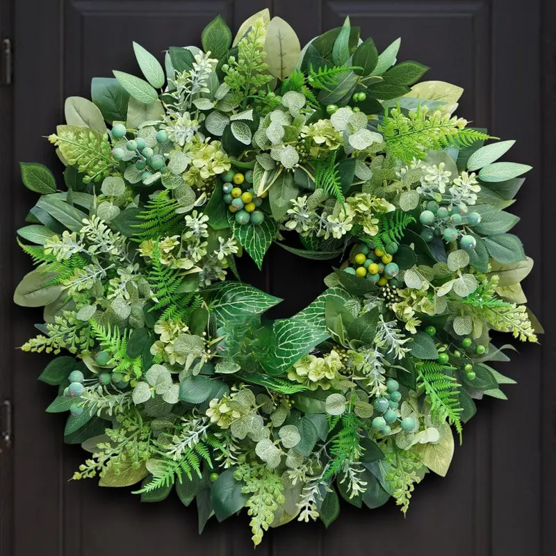 24 Inch Green Wreath for Front Door - Artificial Greenery Wreath with Berries, Indoor Outdoor All Season Year Eucalyptus Wreath for Farmhouse Home Decor, Spring Summer Fall Winter