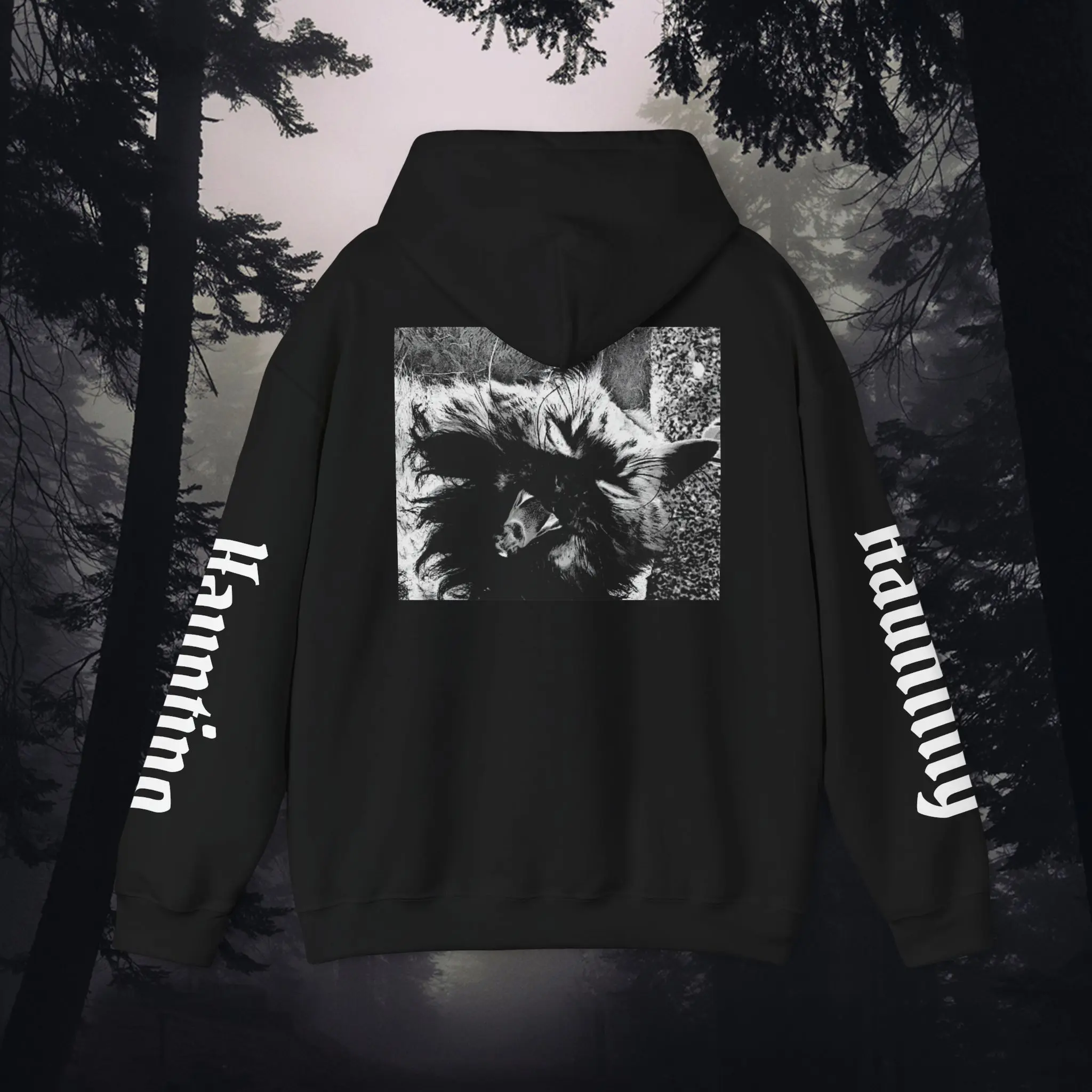 Black Floral Cross hoodie | Cat Photo back print hoodie | Gothic scripture sleeve hoodie Menswear Embroidery