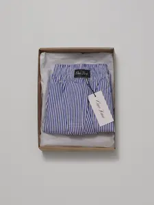 Three-Pocket Boxer Shorts - 100% Cotton Lounge Shorts - Blue & White Stripe