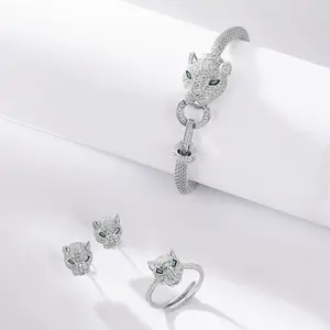 Adjustable Panther Jewelry Set For Women Iced Out Leopard Head Bracelet Ring Stud Earrings Green Eyes Luxury Gift stainless steel
