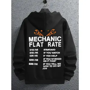 Men's Mechanic Flat Rate Hoodie, Regular Fit Casual Letter Print Pocket Drop Shoulder Long Sleeve Hooded Funny Graphic Sweatshirt, Men's Spring & Fall Clothes, Graphic Hoodies Hoodie - Sweatshirt