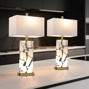 GLITGATE Natural Marble Table Lamps 2 PC, Modern Table Lamp, Nightstand Lamp, Side Table Lamp with 3-color temperature, Bedside Lamps with USB Ports, with 2 USB Ports, For bedrooms, End Table Lamps for Living Rooms