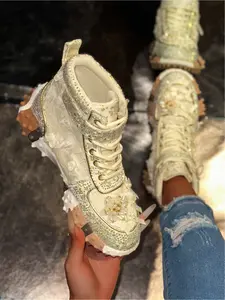 Elegant, stylish, and luxurious women's high-top boots with a round toe, embroidered bow, fabric trim, pearl embellishments, 3.00cm mid-heel, rubber sole, and lace-up design. Casual everyday walking shoes.