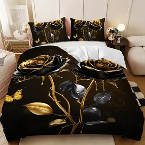 Bedding 3-piece set - 3PCS,Black and gold rose with gold butterfly and silver leaf design down comforter set (1 comforter cover + 2 pillowcases, filling not included). soft and comfortable, suitable for family bedrooms. Decorative Bedding Set