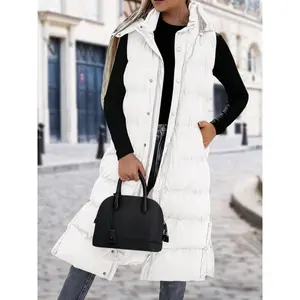 Women's Long Down Vest, Quilted Hooded Button Zipper Sleeveless Vest Jacket With Padding, New Fashionable Commuter Winter Jacket