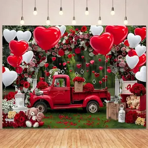 1pc romantic background cloth banner, polyester material, with red truck, red and pink rose arch, red and white balloon design, suitable for holiday decoration, anniversary decor, garden decor, photography background cloth decor, Wedding Arch Backdrop