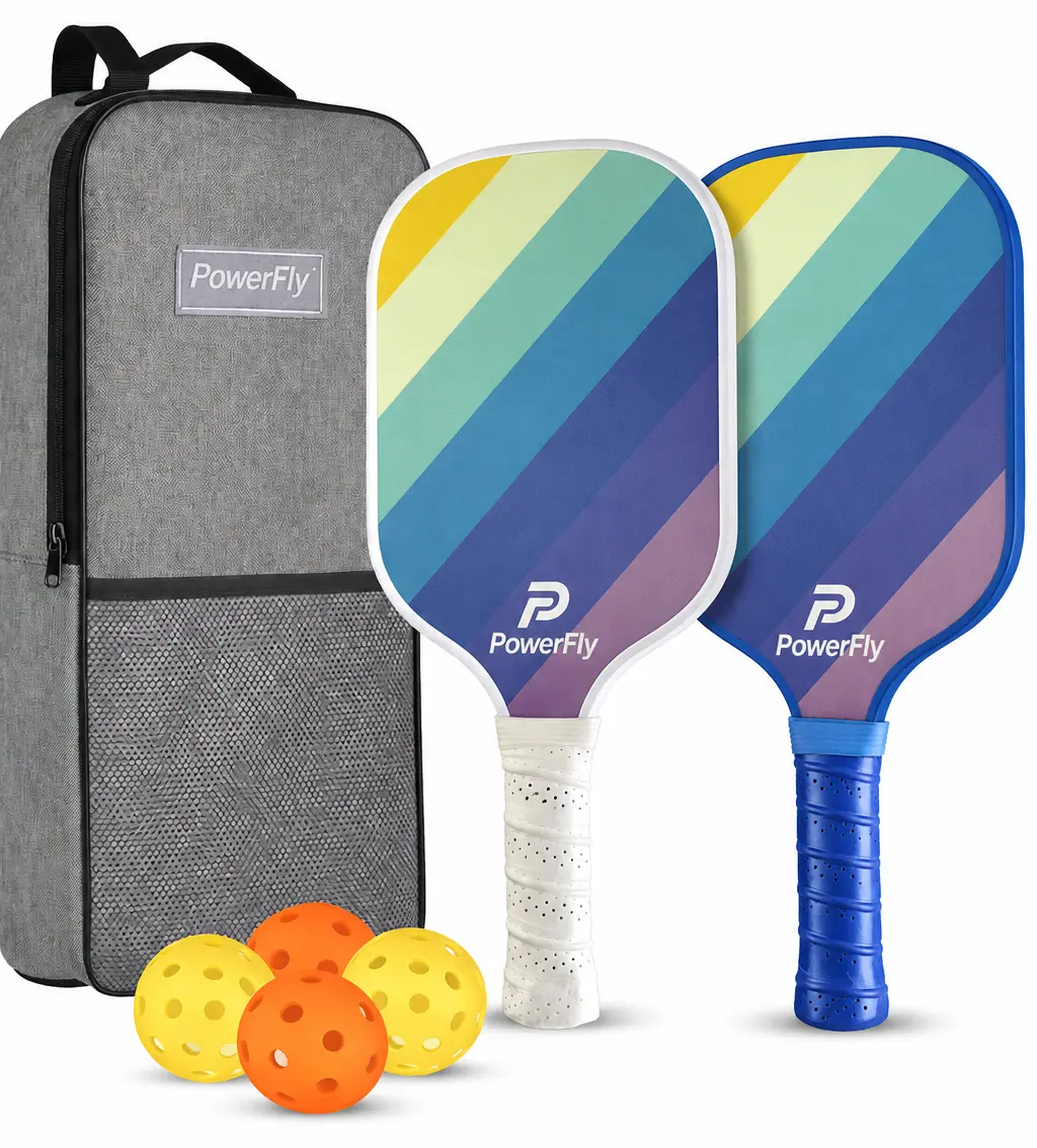 PowerFly Pickleball Paddles Set of 2, Fiberglass Surface Pickleball Set with 2 Pickleball Rackets,4 Pickleball Balls,1 Portable Carry Bag, Pickle Racket Set ​for Men Women (Vivid Rainbow)