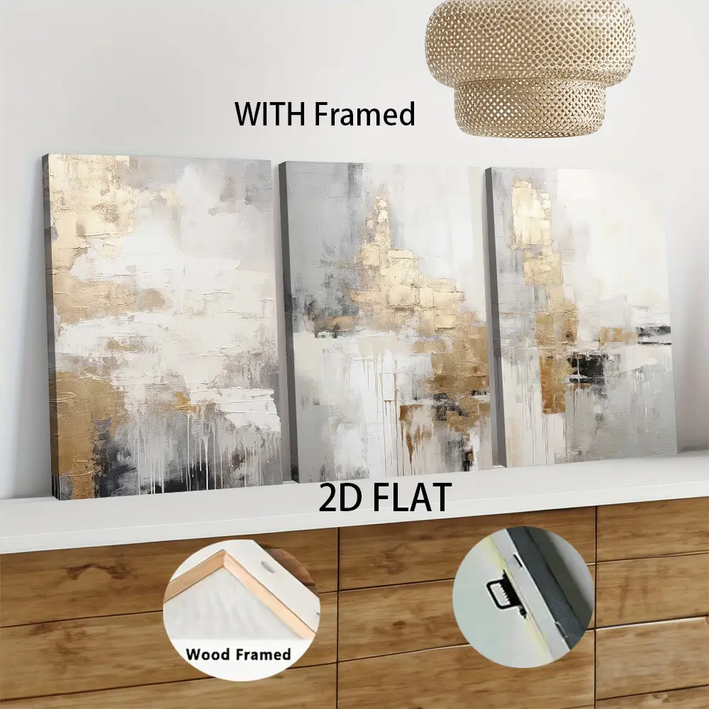 3pcs Framed  Modern Abstract Canvas Wall Art with Wooden Frame, Nordic Style Gray Gold Living Room Decor, Modern Home Decor, Minimalist Oil Painting for Bedroom Dining Room, Large Size Sofa Background Wall Hanging A