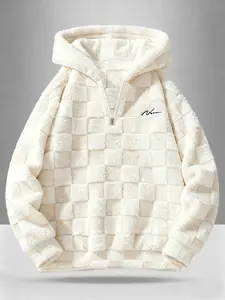 Unisex Street Style Hoodie with Embroidered Letter, Fitted Lamb Fur Plaid Checked Design, Perfect for Fall & Winter, High-End Fashion