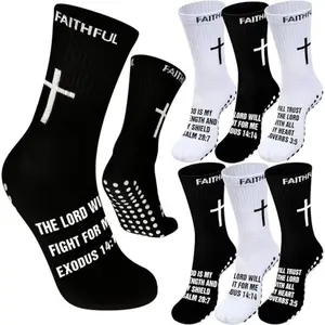 Men's 2/4-Pair Anti-Slip Grip Socks - French Terry Fabric, Cross Print, Rubber Dot Design, Bible Verses, 1 Size Youth Fit for Football, Basketball, Christian Faith