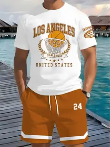 Vintage American Basketball Number Print Two-Piece Set, Lightweight Skin-Friendly, Men's Street Trend Sportswear