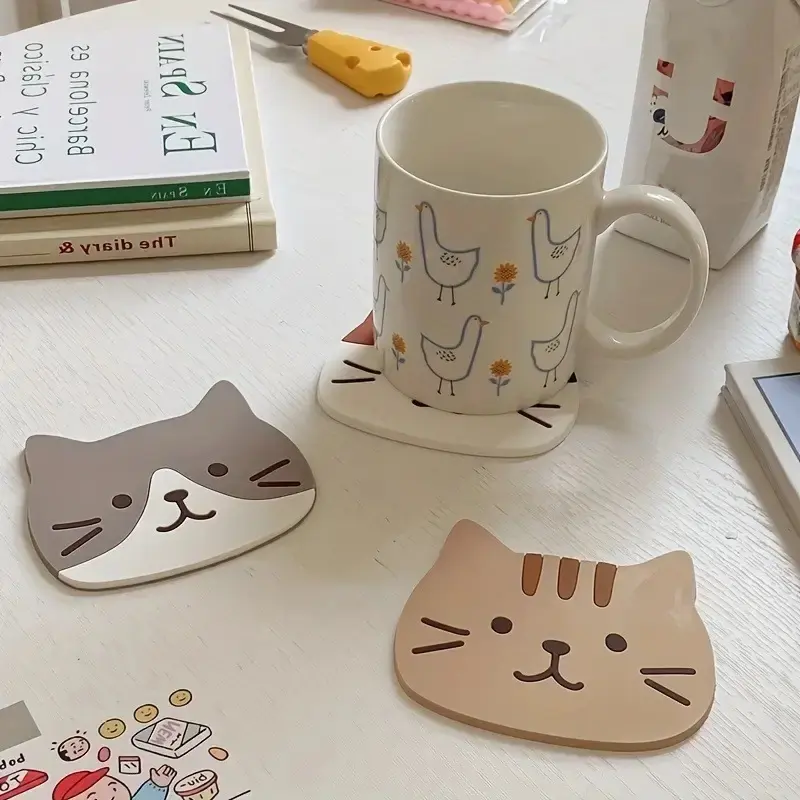 Set of 5 Silicone Cat Coasters, Coasters for Drinks, Cute Cartoon Cat Design, Heat Resistant & Durable, Hand Washable, Perfect for Kitchen & Home Decor, Tableware, Kitchenware