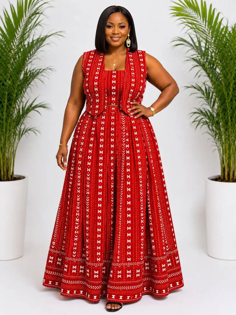 Women's African Print 3-Piece Skirt Set | Ankara Crop Top, Maxi Skirt & Cropped Vest | Matching Co-Ord