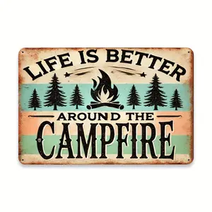 Vintage "Life is Better Around the Campfire" Rustic Tin Sign - 8x12 Inches, Iron Wall Decor with Campfire & Pine Trees Design for Farmhouse, Bathroom, Bar, or Garden, Camping Decor iron