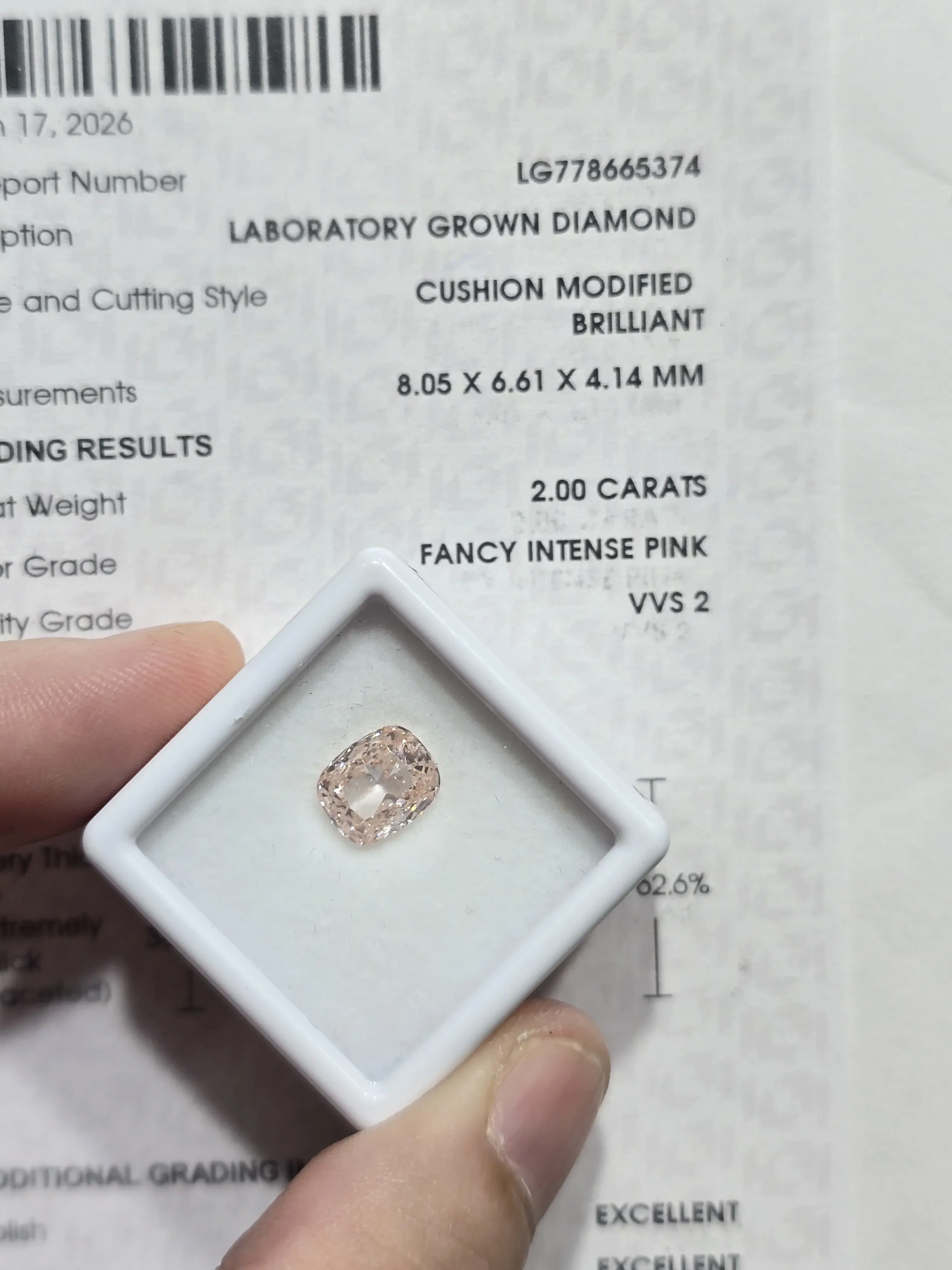 2.00ct Cushion Modified Brilliant Lab Grown Diamond (Fancy Intense Pink, VVS2, IGI Certified)