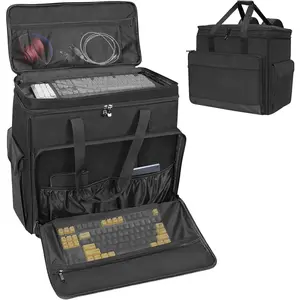 Double-Layer Desktop PC Tower Carrying Case, Travel Storage Bag for Computer Chassis, Keyboard, , Cables, and Accessories, Bag Only, Black