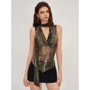 Cider Mesh Floral Twist Lettuce Trim Tank Top With Scarf