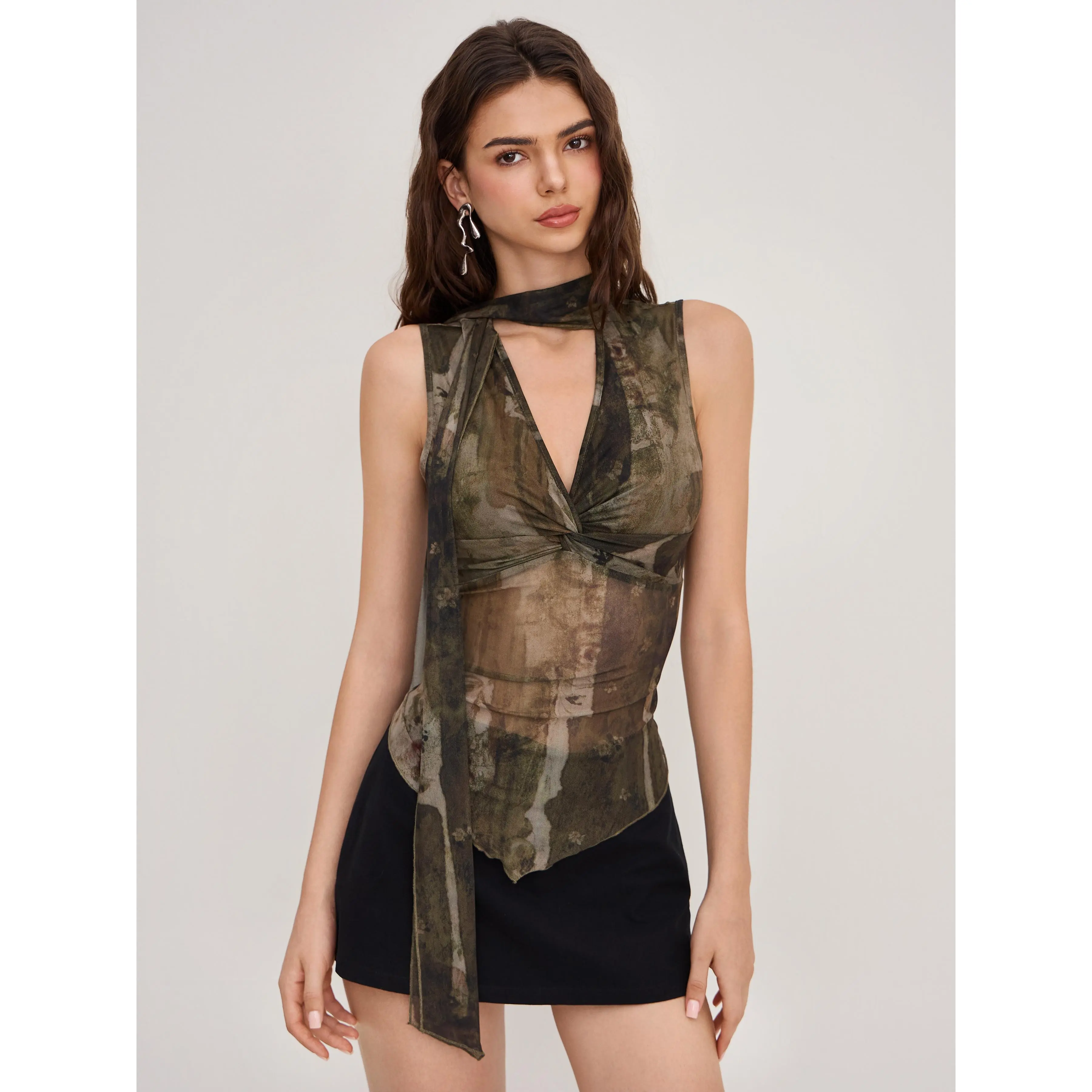 Cider Mesh Floral Twist Lettuce Trim Tank Top With Scarf SwimWeek