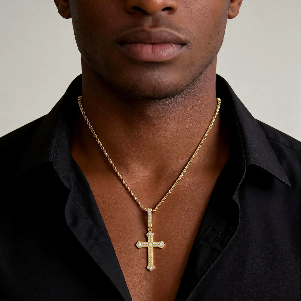 14K Gold Plated Iced Out Budded Cross Necklace for Men, Micro Pave CZ Ornate Cross Pendant Rope Chain, Hip Hop Religious Faith Jewelry Gift for Guys