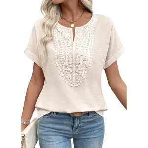EVALESS Women's Trendy Linen Pattern Tops Summer Casual Boho V Neck Short Sleeve T Shirts Work Business Cute Loose Blouses 2026 Womenswear Outfits