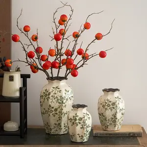 Green and Beige Vintage Vase, Chinoiserie Floral Vase, Rustic Ceramic Large Vases for Home Decors, Living Room, Bookshelf, Office, Grand Millennial Decor, Decors, Tuscan Decor 5.51 Inch 6.69 Inch 9.06 Inch