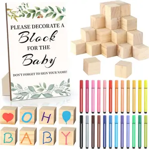 Baby Shower Game Sign Kit with 50 Blank Wooden Baby Blocks, 24 Acrylic Paint Marker and Wooden Baby Shower Sign, Baby Shower Game Set for Baby Shower Prize, Gender Reveals Party(Woodland)