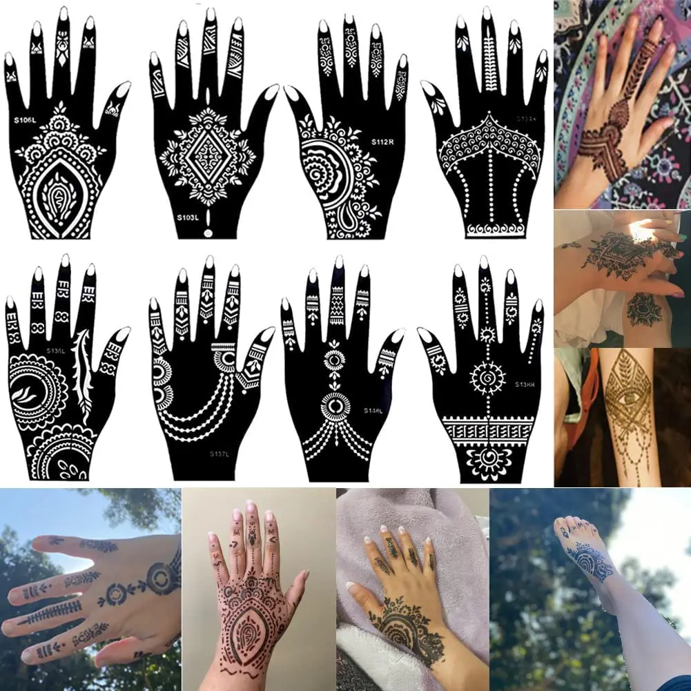 8 Sheets Henna Tattoo Stencil Kit for Women Girls Hand Finger Body Paint Temporary Tattoo Templates 7.8'' X 4''