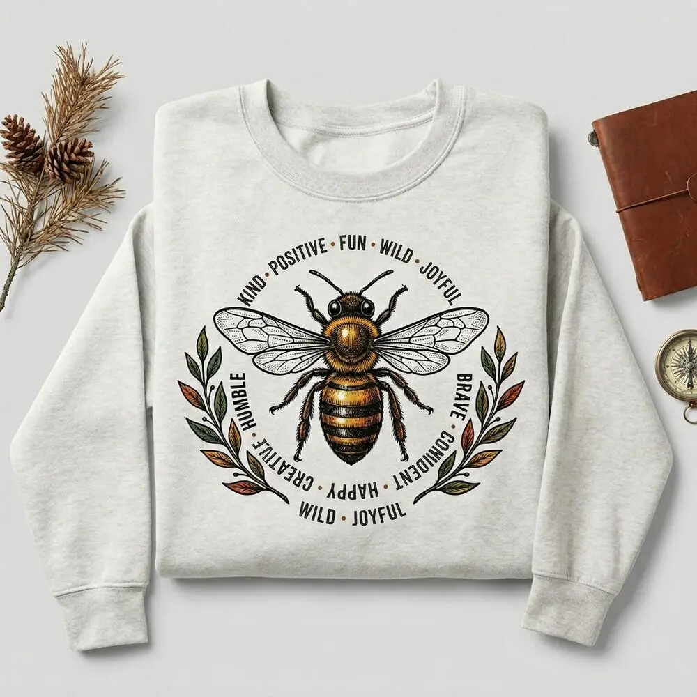 Women's Sweatshirt with Motivational Bee Graphic, Cozy Crew Neck Top in a Polyester Cotton Blend for All Seasons, Fitted, Long Sleeve, Round Neck, Clothes, Bee Design, Do Not Dry Clean, Hand Wash Only, Fitted Cut