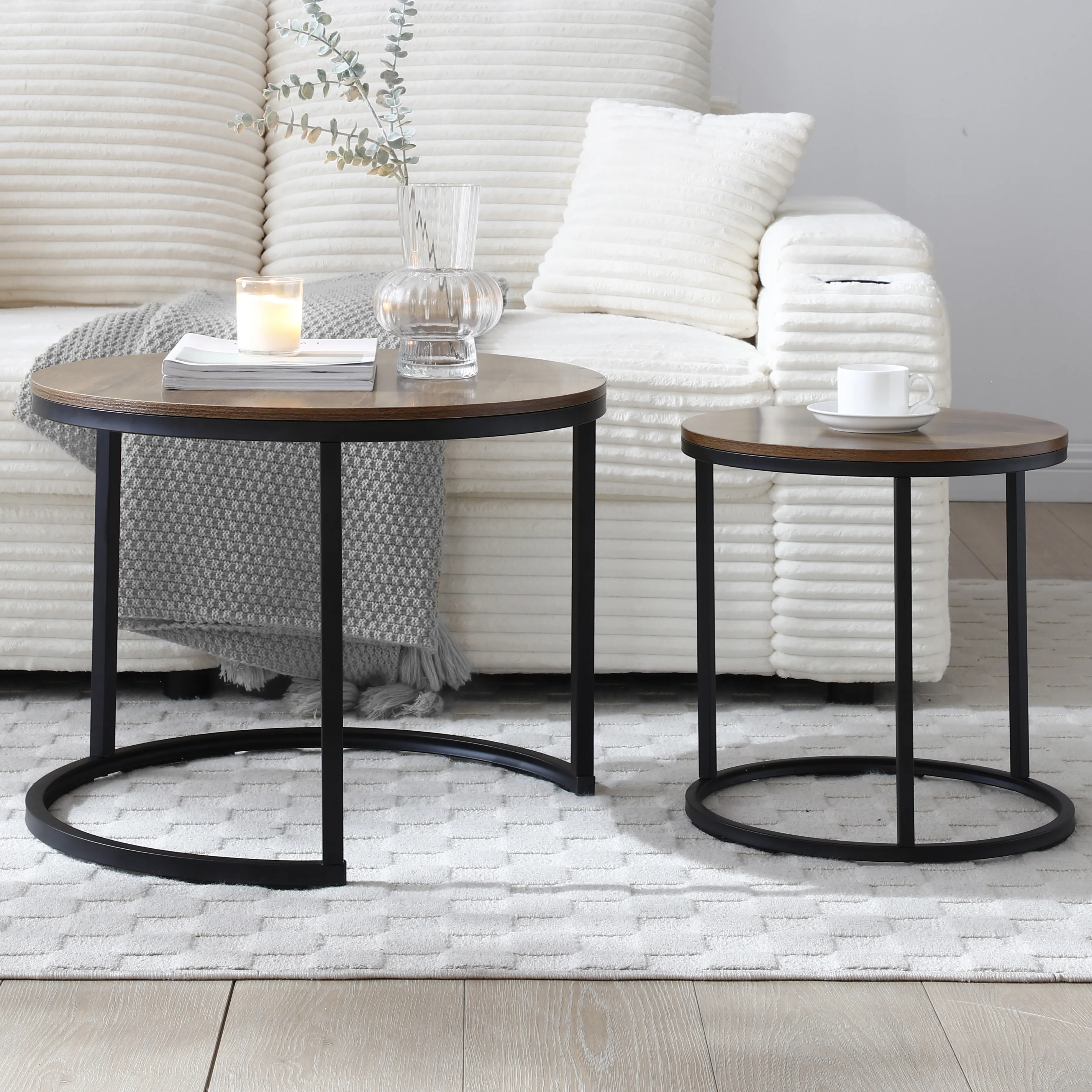 2-Piece Modern Furniture Nesting Tables Set - Compact, Sturdy Black Metal Frame, Wood Top, Easy Setup, Space-Saving Indoor Living Room Dorm Coffee & Nightstands