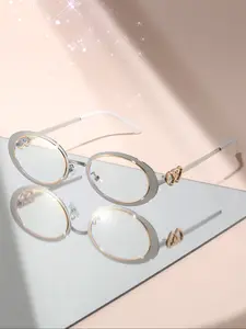 Elegant Metal Ellipse Frame Glasses with Heart Accents, Fashionable Daily Wear Eyewear, Trendy Accessory for All Seasons, Trendy Casual Eyeglasses