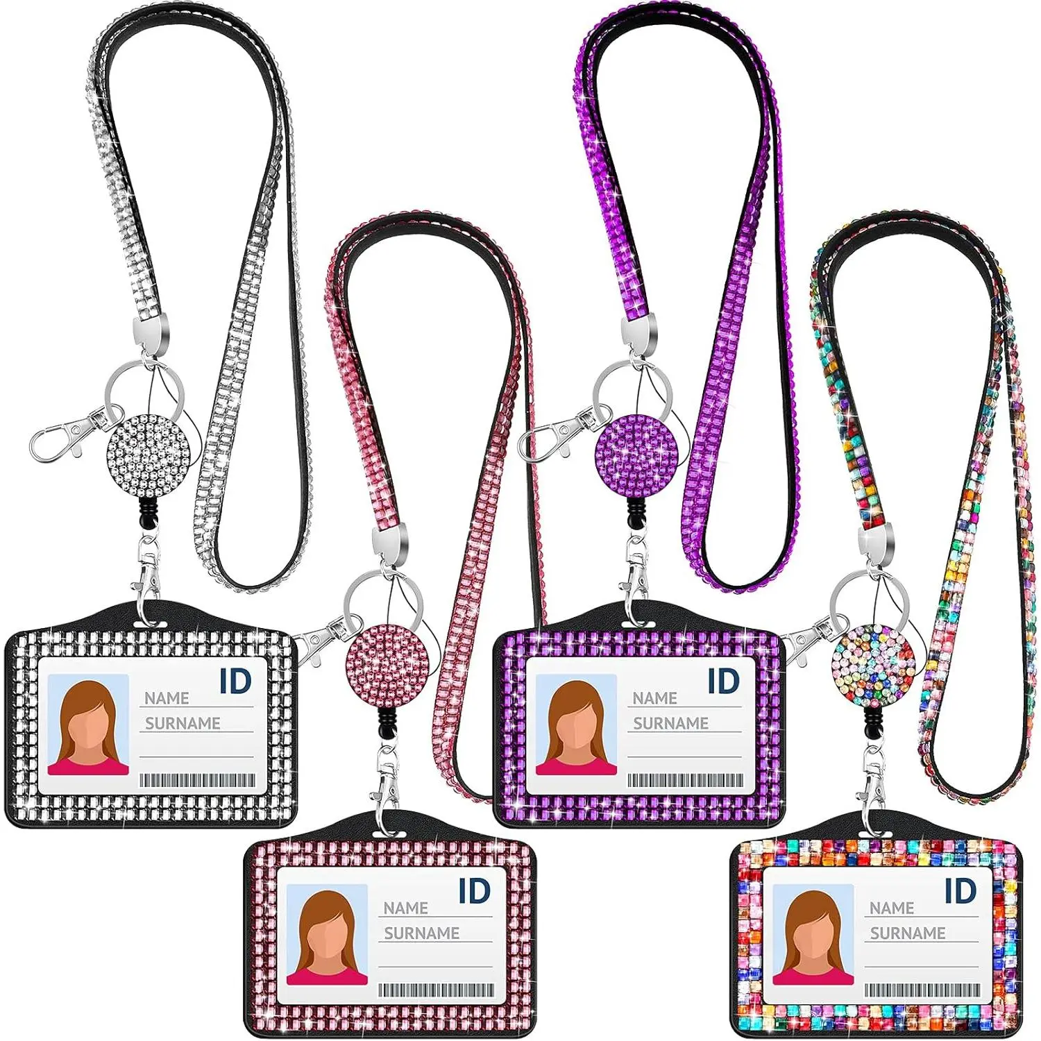 Women's 4-Set Bling Rhinestone Retractable Badge Reel ID Card Holder - Horizontal, Metal Clasp, Key Ring, 4 Colors, 13.4in, 26in Extension, Casual, Synthetic, All Seasons, for Nurses, Teachers, Students, Office Identification Supplies, Teacher