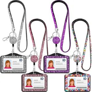 4 Sets Rhinestone Lanyard Bling ID Card Holder  Retractable Badge Reel Rhinestone  Lanyard Card Holder with Metal Clasp and Key Ring for Women Nurse Teacher, 4 Colors (Horizontal)