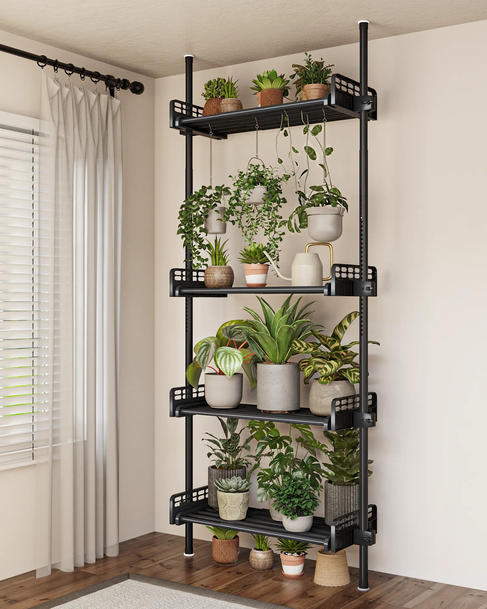 Bamworld Adjustable Telescoping Tension Rod Plant Stand - Iron 3-Tier Vertical Garden System, Tall Floor-to-Ceiling Indoor Container Gardening Accessory, Renter-Friendly, 77lbs/Tier Capacity, Anti-Slip Rubber Grips, Hanging Baskets Holder (Black), 47.2×16