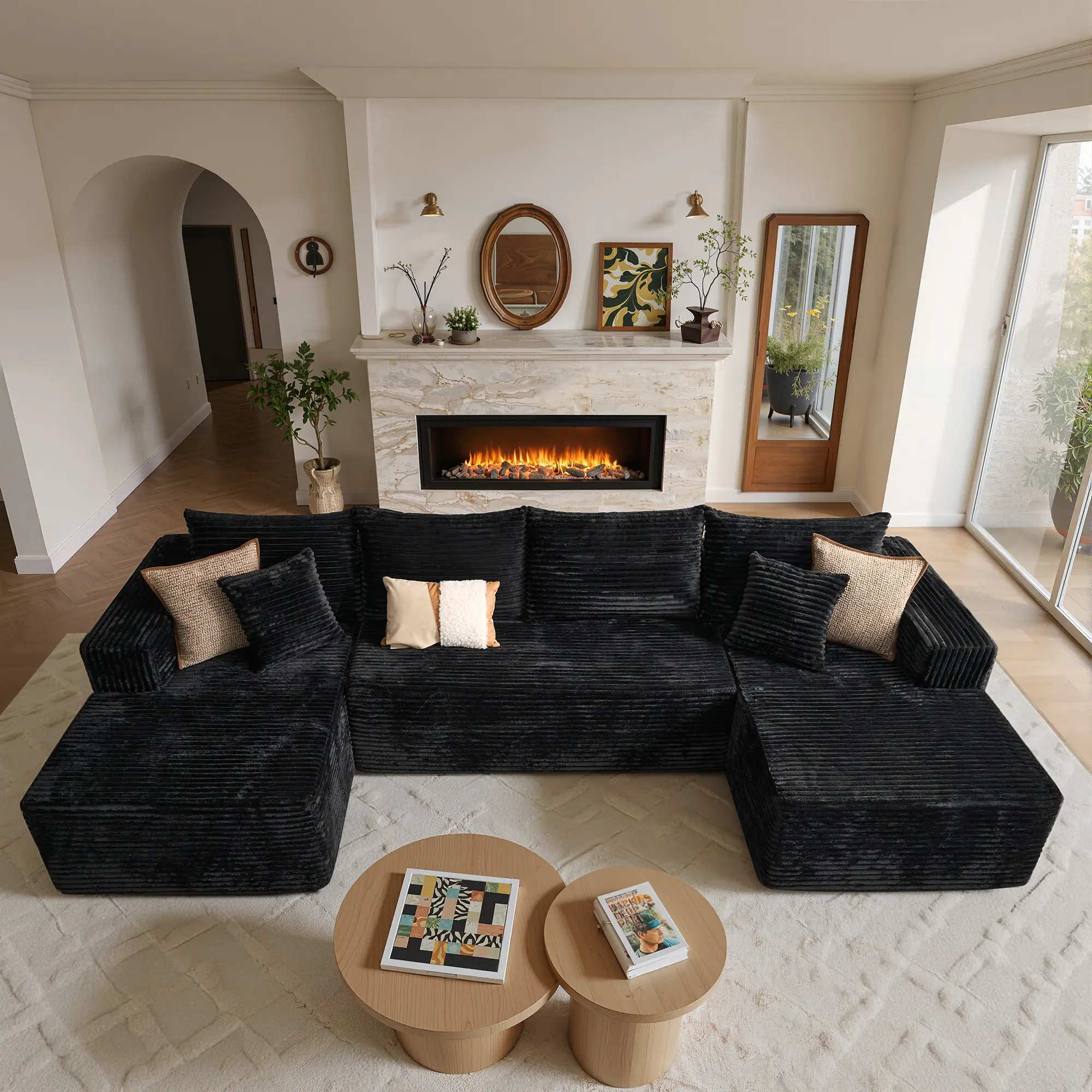 135" Oversized Sectional Couch Modular Sectional Sofa, Cloud Couches for Living Room, Deep Seat Plush Corduroy Upholstered Convertible Sleeper Sofa, U Shaped Boneless Couch with Reversible Chaise【3 Packages Shipping】