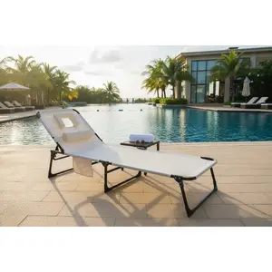 Folding Sun Lounger with Face Hole, Portable Recliner Chair with 5 Position Adjustable Backrest, Pillow & Side Pocket, Sun Bed for Beach