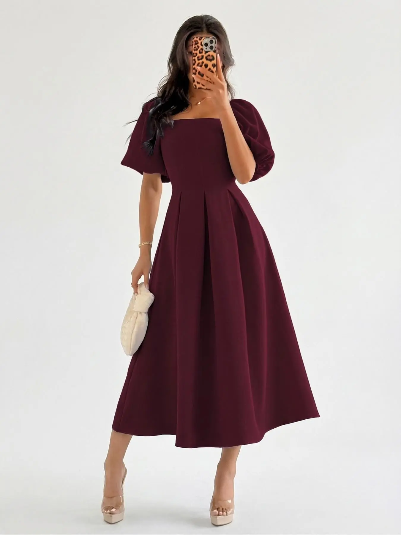 Women's Spring Summer French Elegant Simple Formal Commuter Office Business Casual Vacation Tea Party Solid Color Square Neck Sleeves Pleated Hem A-Line Dress Chic Elegant Fit