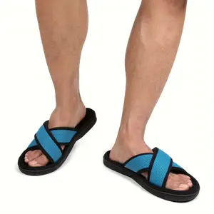Chic Comfortable Men's Adjustable Memory Foam Sandal  - Summer Cross Strap House Slides for Relaxation - Peacock Blue, Breathable, Soft, and Anti-Slip