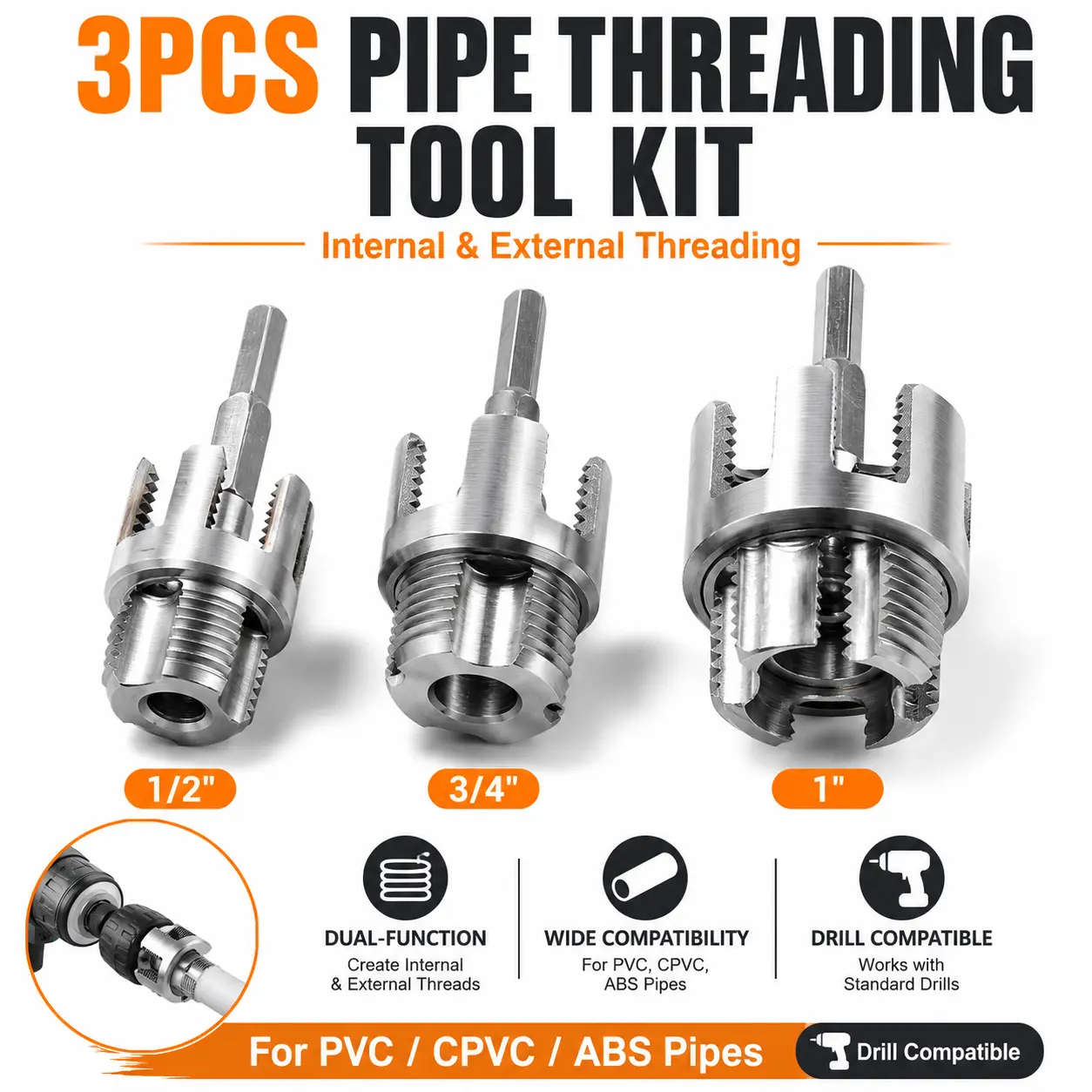 3Pcs Integrated Internal & External  Threading Tool, Bestgle Dual-Function  Thread Cutting Tool for 1/2" & 3/4"& 1" PVC/Plastic , Electric Drill Compatible  Threader Kit sewing multifunctional wire terminal crimping tool