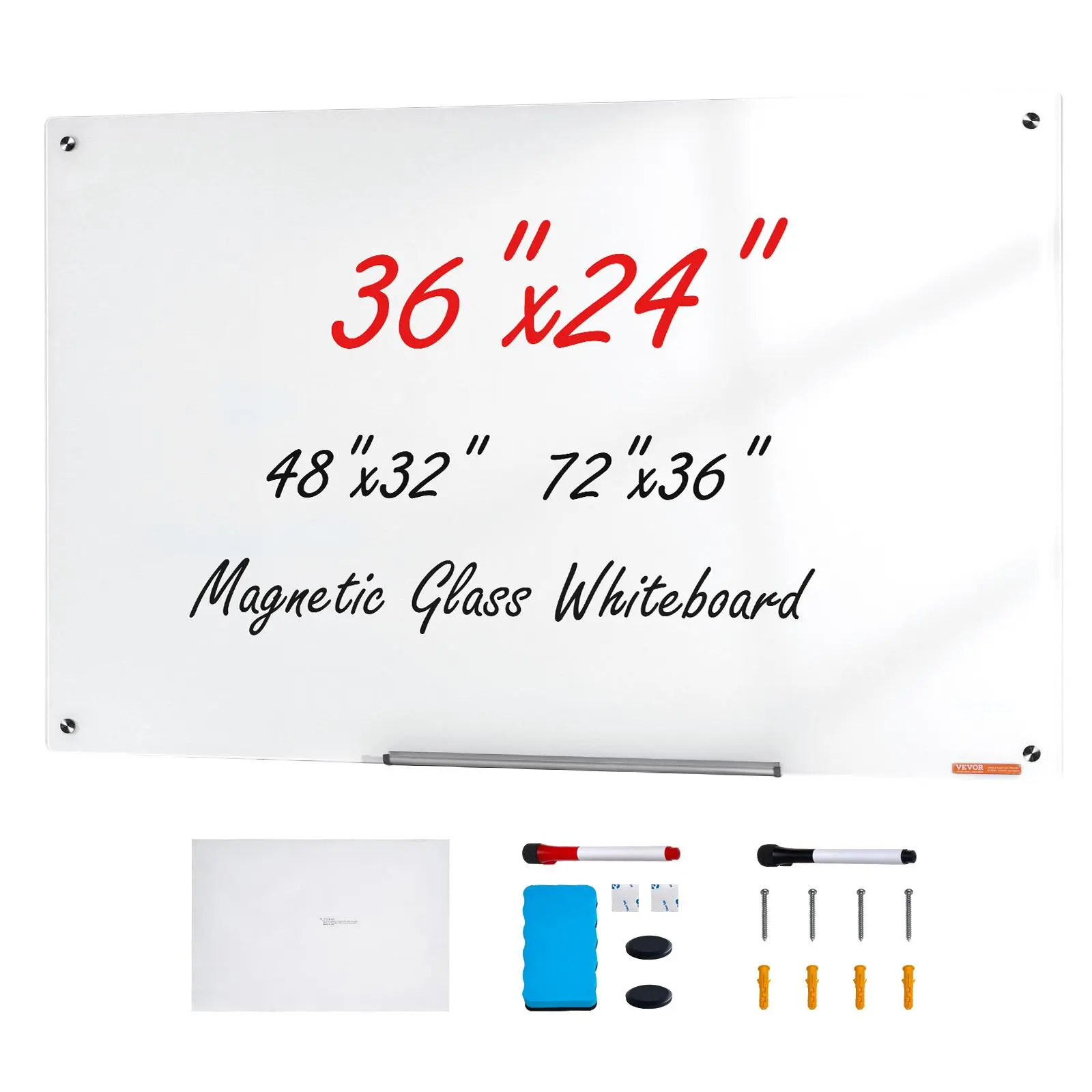 【summerfinds】VEVOR Magnetic Glass Whiteboard, Dry Erase Board 36"x24", Wall-Mounted Large White Glassboard Frameless, with Marker Tray, an Eraser and 2 Markers, White, Home Office Inspo, Magnetic Message Board, White Board Kit