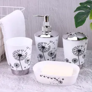 Heavenly Designs Watson Black-and-White Dandelion Motif 4-Piece Bathroom Decor Set - Includes Soap Dish, Toothbrush Holder, Dispenser for a Cohesive Look